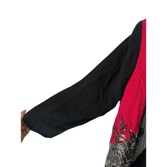 Chico's Blazer Black Red Art To Wear Mixed Media Sequin Open Front Relaxed XL - Picture 7 of 11